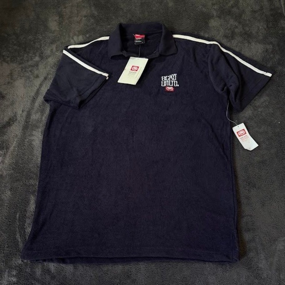 Ecko Unltd Mens Terry Cloth Polo Shirt Navy Blue White Stripe Vintage Y2K NWT M